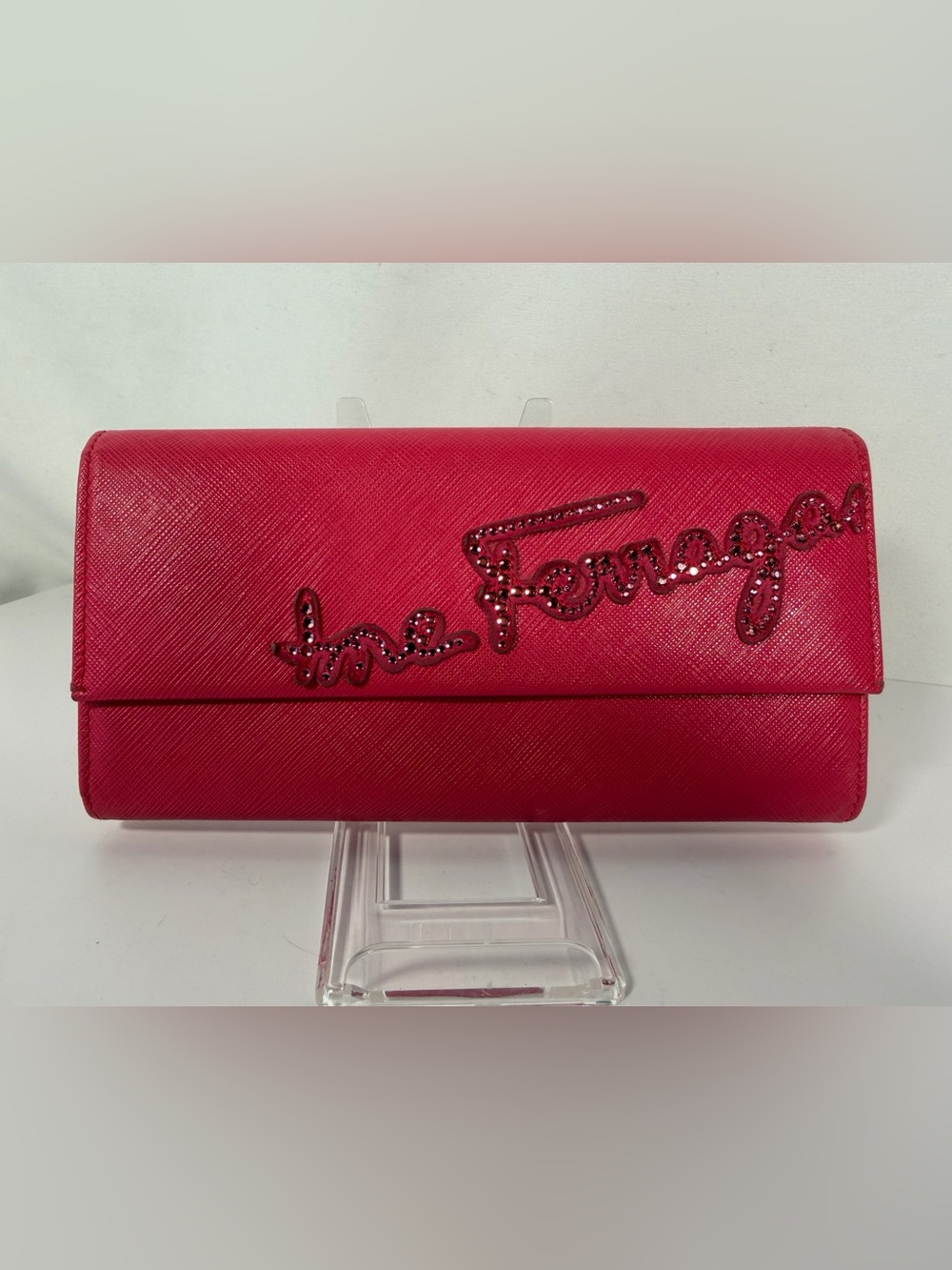 1293: Salvatore Ferragamo Crystal Logo Pink Saffiano Leather Continental Wallet